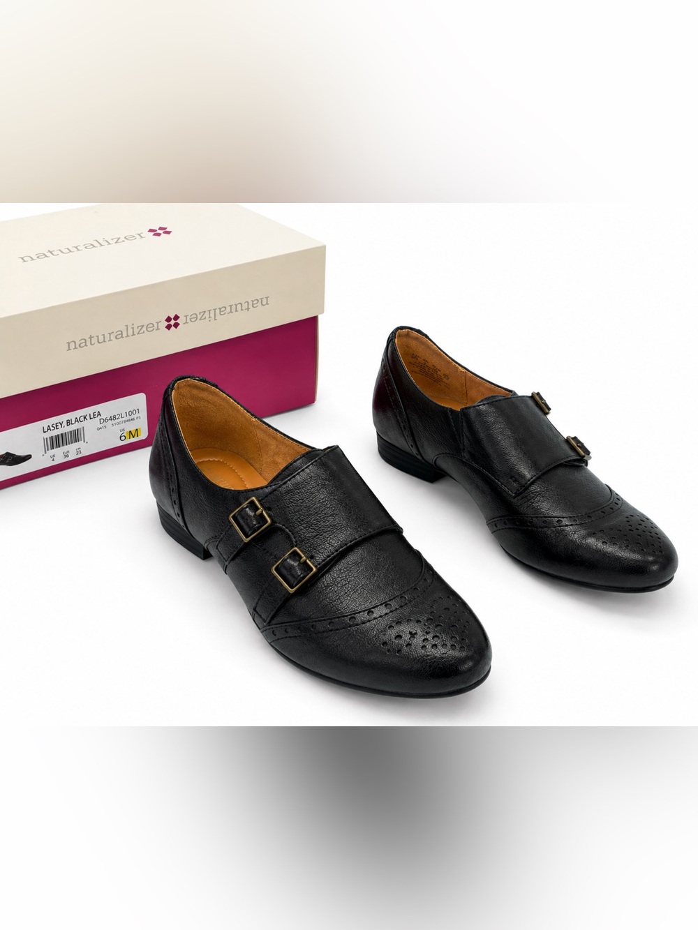 Naturalizer Lasey Black Leather Double Buckle Flats 6M NIB
